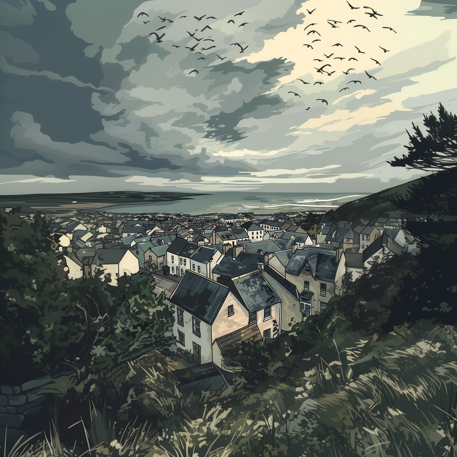 An illustration of a run-down town near the sea.